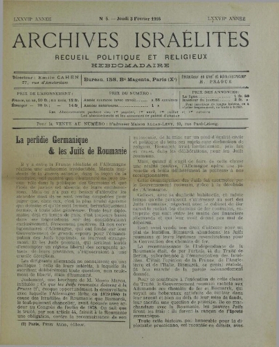 Archives israélites de France. Vol.77 N°05 (03 févr. 1916)